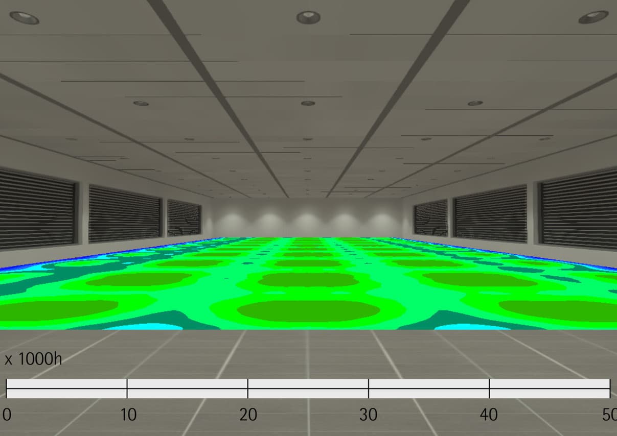Visualisierung der Ausleuchtung eines Büros mit ERCO LEDs über 50.000 Betriebsstunden.