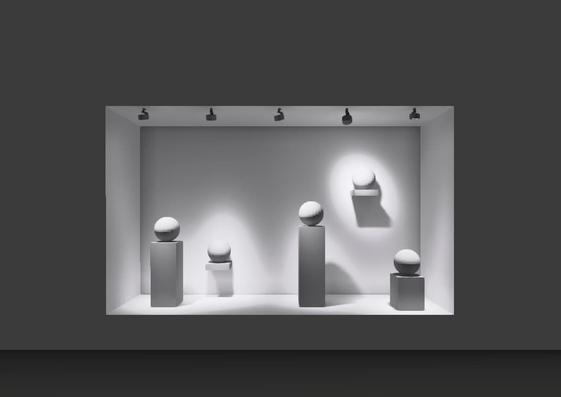 ERCO Lichttechnik: Ausstellung mit LED-Strahlern zur Akzentuierung von Objekten.
