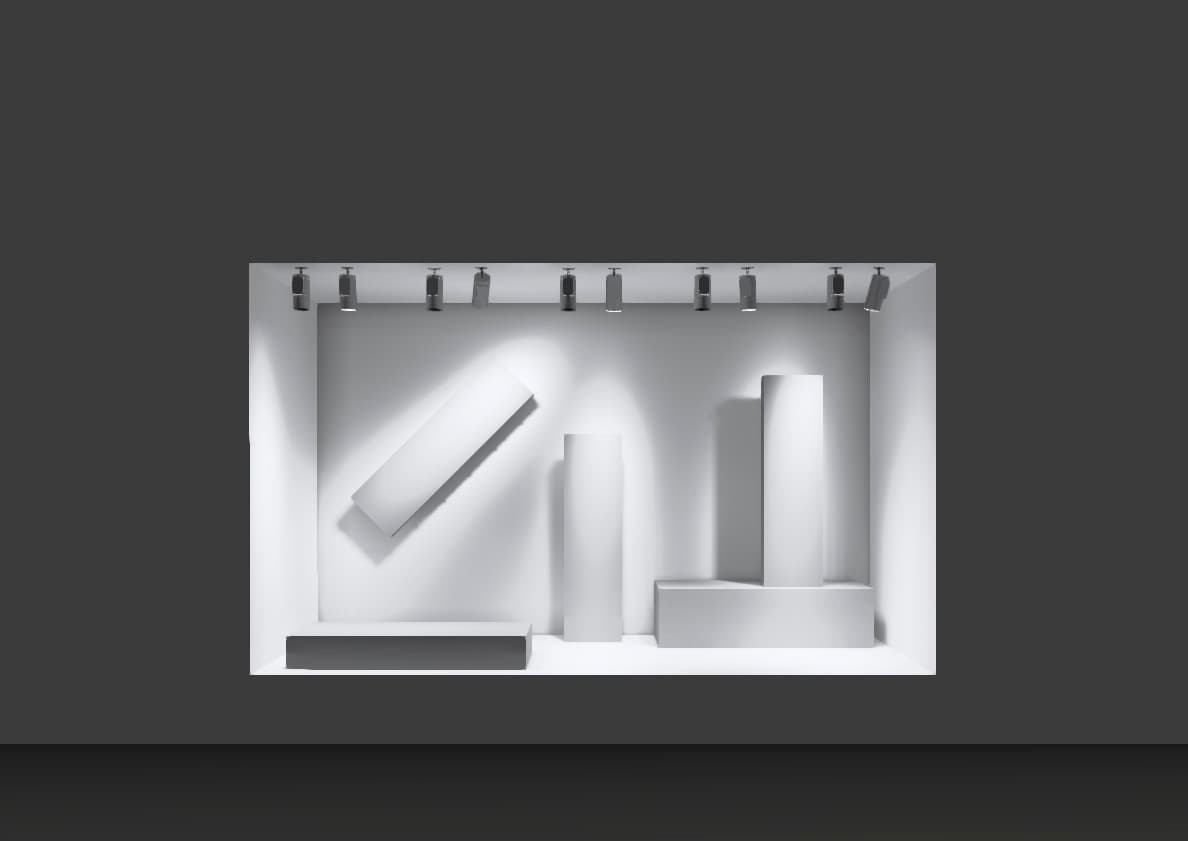 ERCO Shop-Beleuchtung mit LED Strahlern für Akzentuierung von Produkten im Schaufenster.