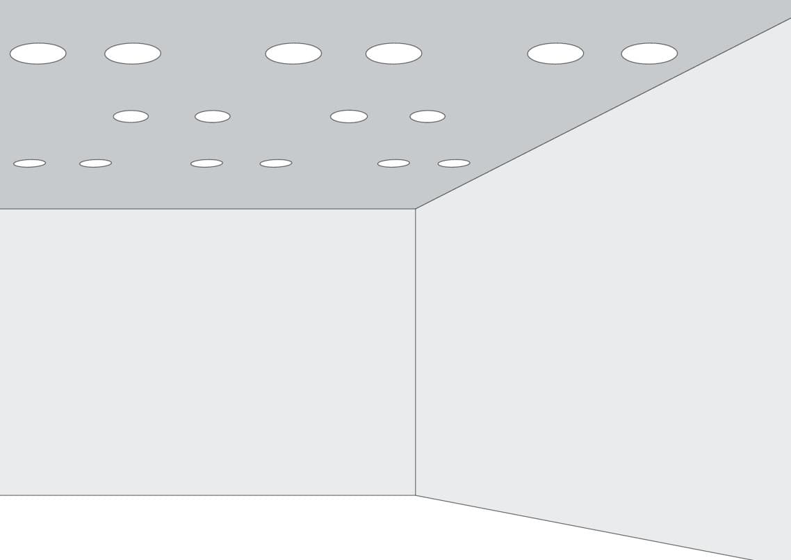 Decke mit runden Deckeneinbauleuchten, die ein Muster bilden, zur Illustration des Gesetzes der Nähe in der Formwahrnehmung.