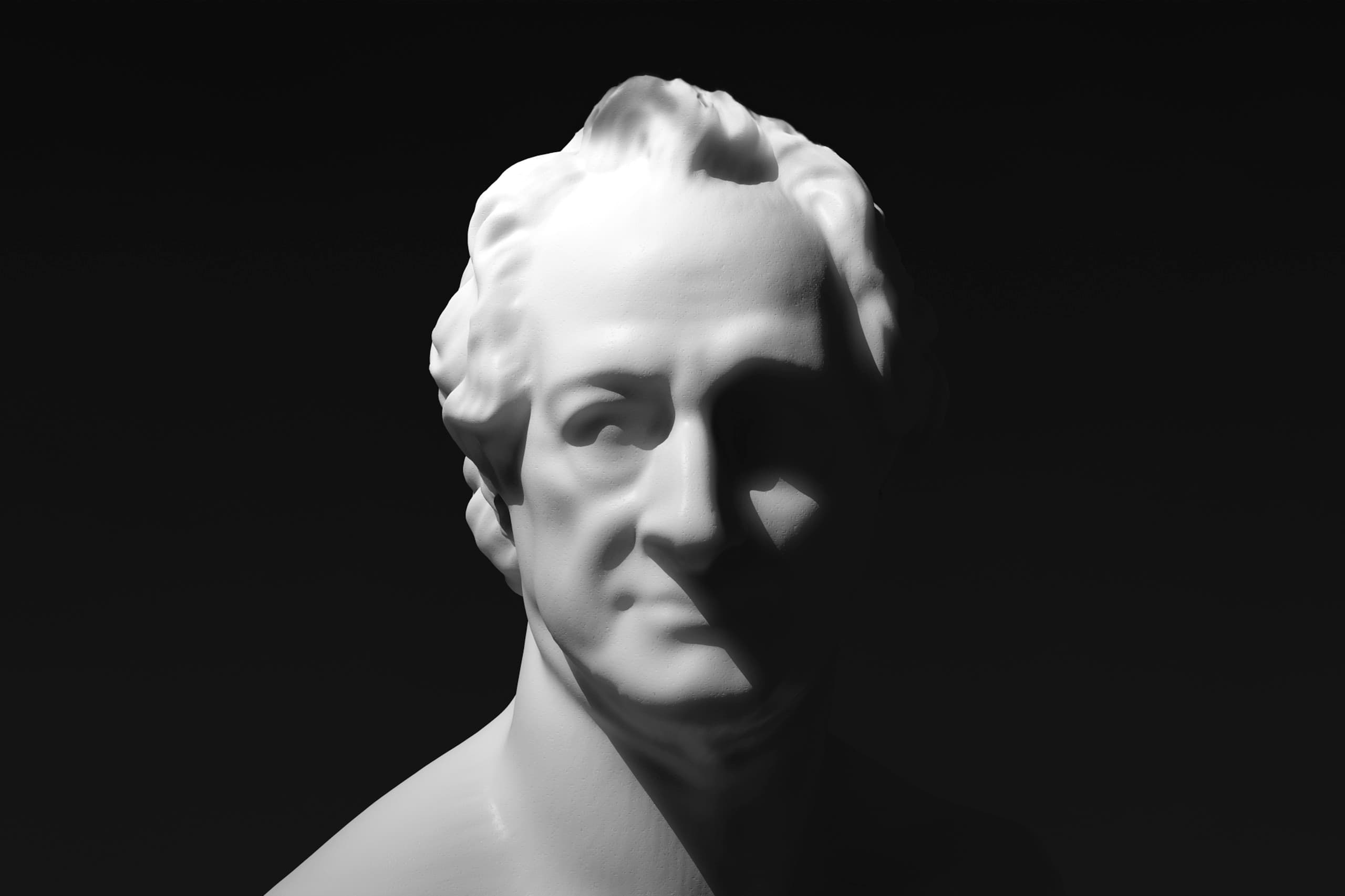 Akzentbeleuchtung eines Goethe-Büste, die Modellierung durch gerichtetes Licht hervorhebt.