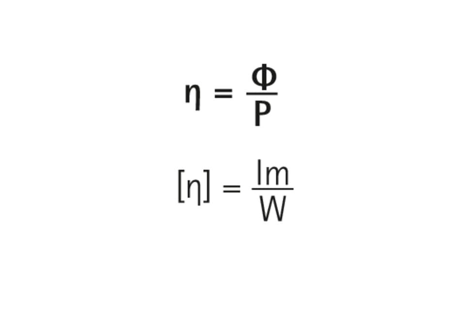 Formel zur Berechnung der Lichtausbeute (lm/W) = Lichtstrom (lm) / Leistungsaufnahme (W).