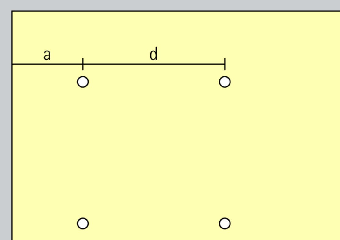 Grafische Darstellung der Anordnung von Downlights zur Deckenbeleuchtung mit Abstandsangaben.