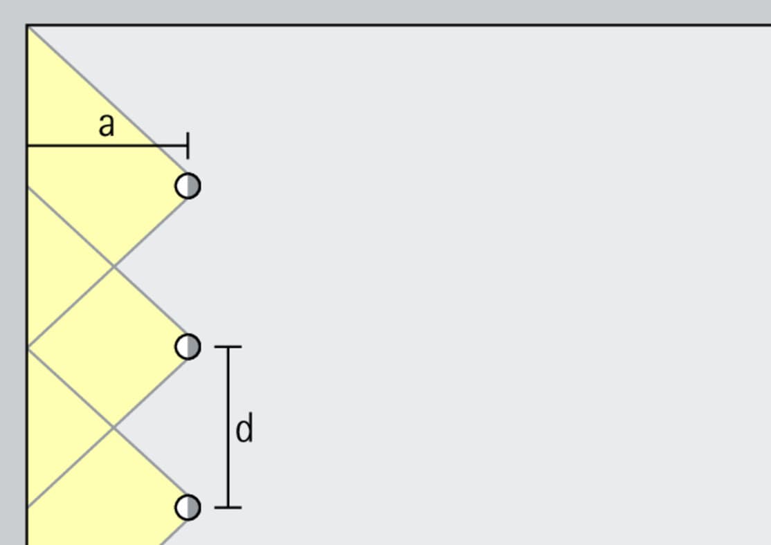 Grafische Darstellung einer Leuchtenanordnung mit Downlights zur Deckenbeleuchtung.