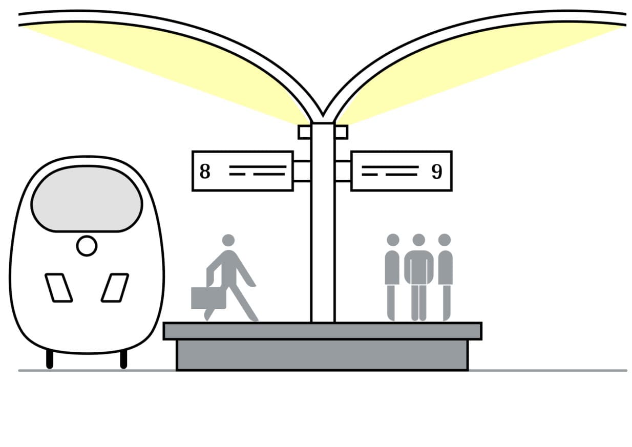 Illustration einer Haltestelle mit Bahn, Reisenden und Bahnsteigbeleuchtung.