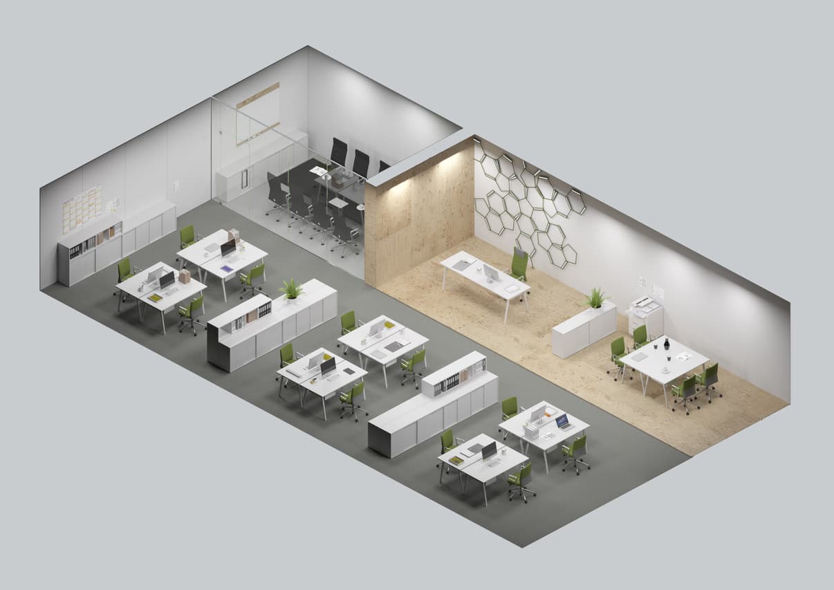 Büro-Grundriss mit Arbeitsplätzen und Besprechungsraum, zeigt zonale Beleuchtung für vis комфорт und Energieeffizienz.