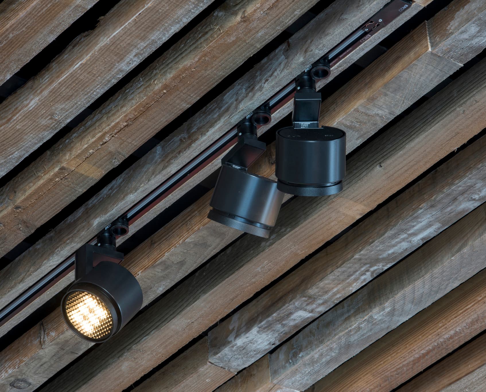 ERCO Parscan LED-Strahler an einer Holzbalkendecke in der Axel Vervoordt Galerie.