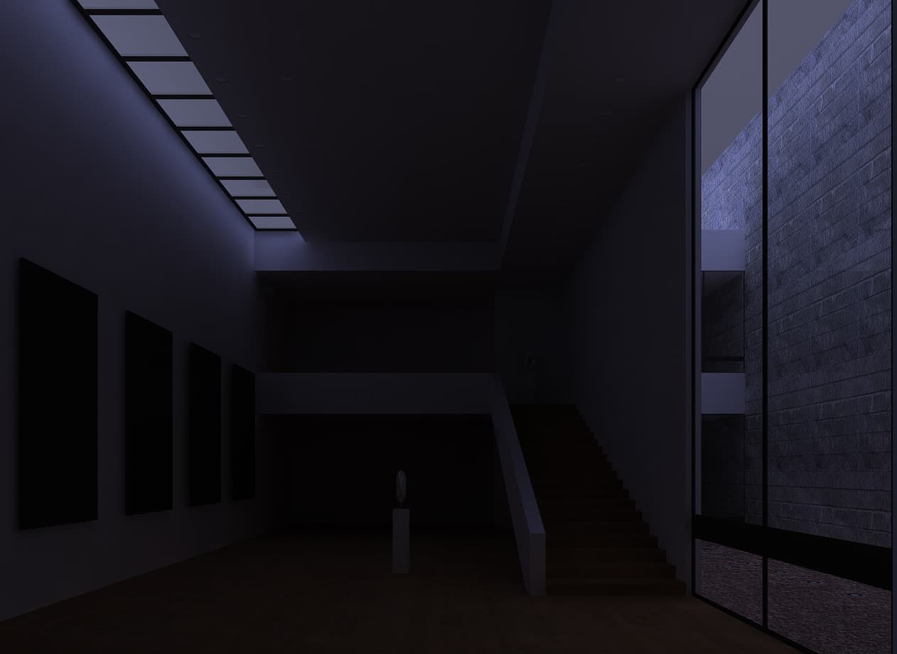 Beleuchtung von Funktionsbereichen in einem Ausstellungsraum mit Treppe und Kunstobjekten.