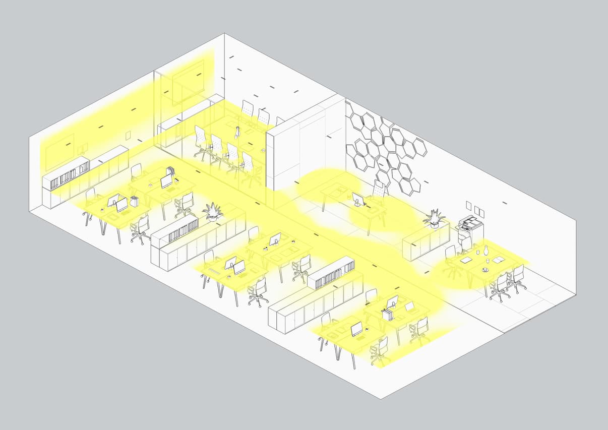 ERCO Bürobeleuchtung: Effiziente visuelle Komfort-Lichtplanung für konzentriertes Arbeiten.