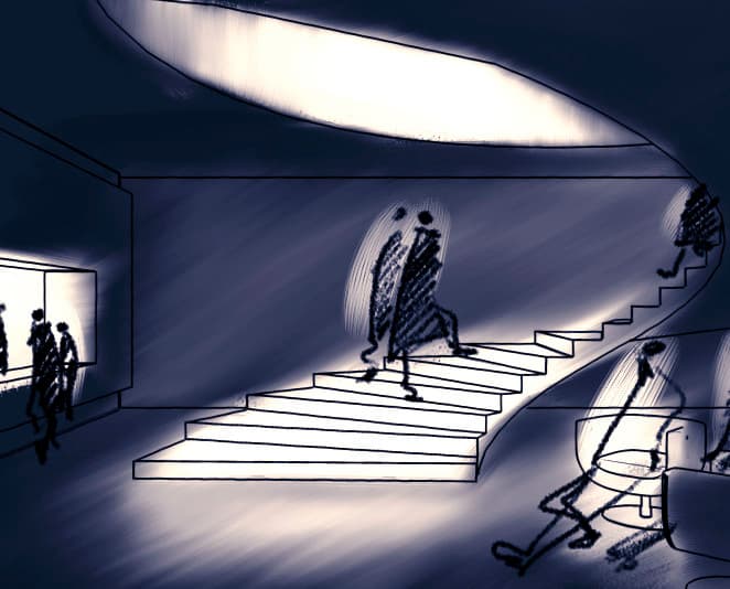 Skizze einer Innenraumbeleuchtung mit Treppe und Personen, die Lichteffekte darstellt.
