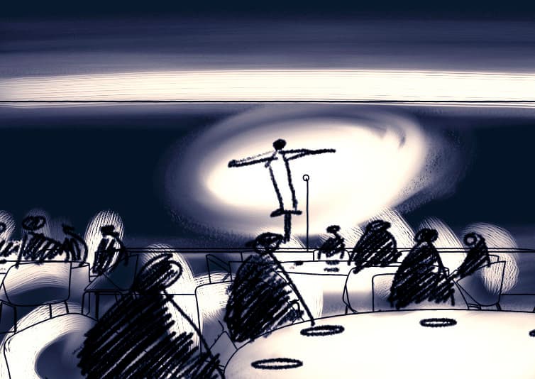 Skizze einer Lichtplanung, die Lichteffekte in einem Raum mit Personen und Beleuchtung zeigt.