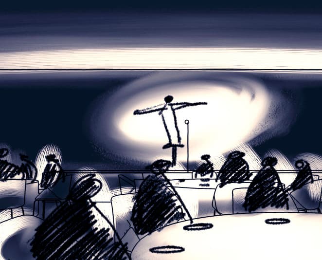 Skizze einer Lichtplanung, die Lichteffekte in einem Raum mit Personen und Beleuchtung zeigt.
