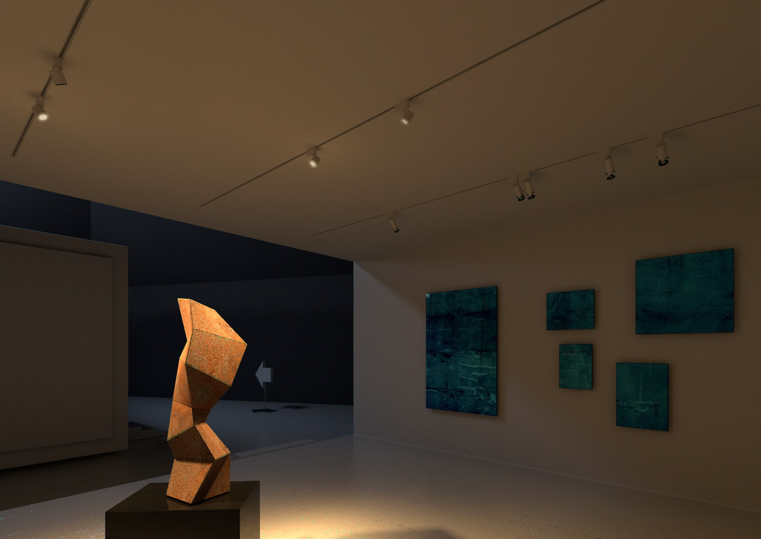 Beleuchtete Skulptur und Gemälde in einer Kunstgalerie mit ERCO-Lichtwerkzeugen an einer Stromschiene.
