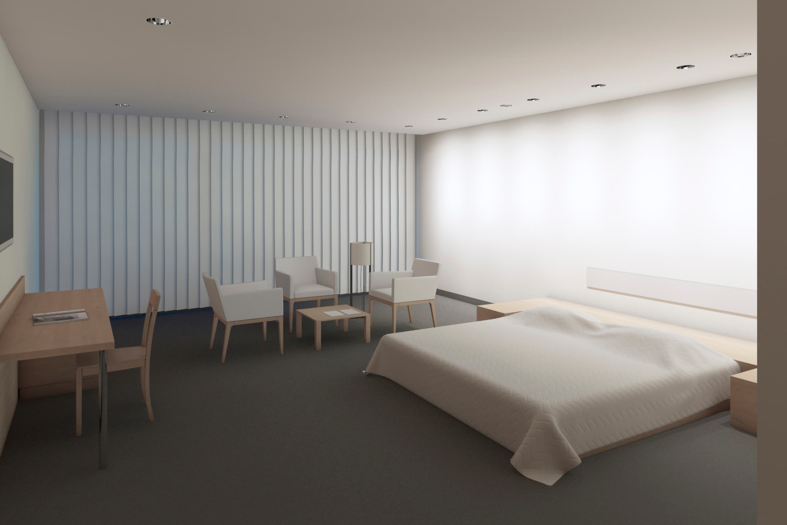 Hotelzimmer mit ERCO Beleuchtung: Wandfluter, Einbaustrahler und dekorative Stehleuchte schaffen eine angenehme Atmosphäre.