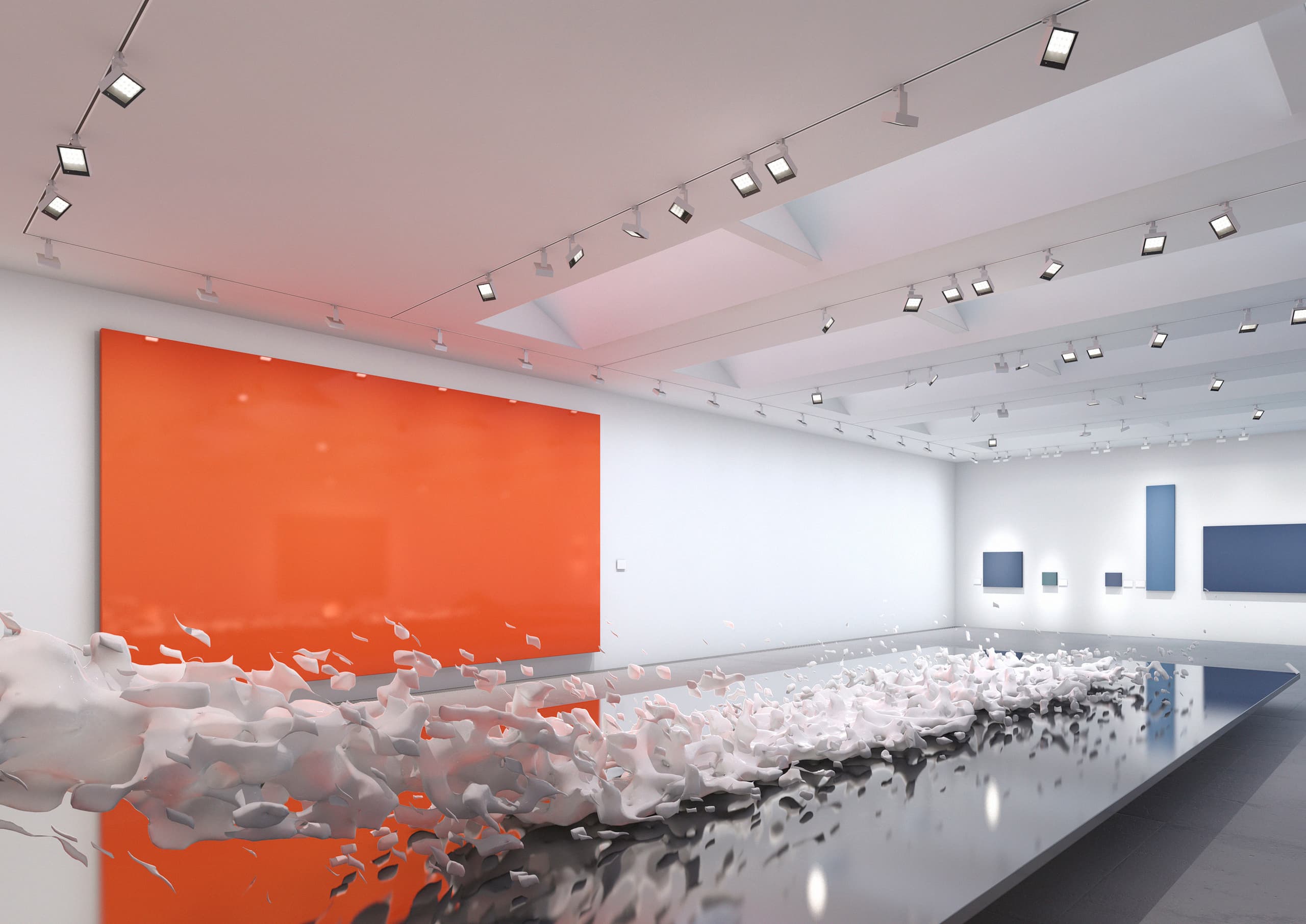 Galerie mit ERCO Lichttechnik: Akzentbeleuchtung und Wallwashing für Kunstausstellung.