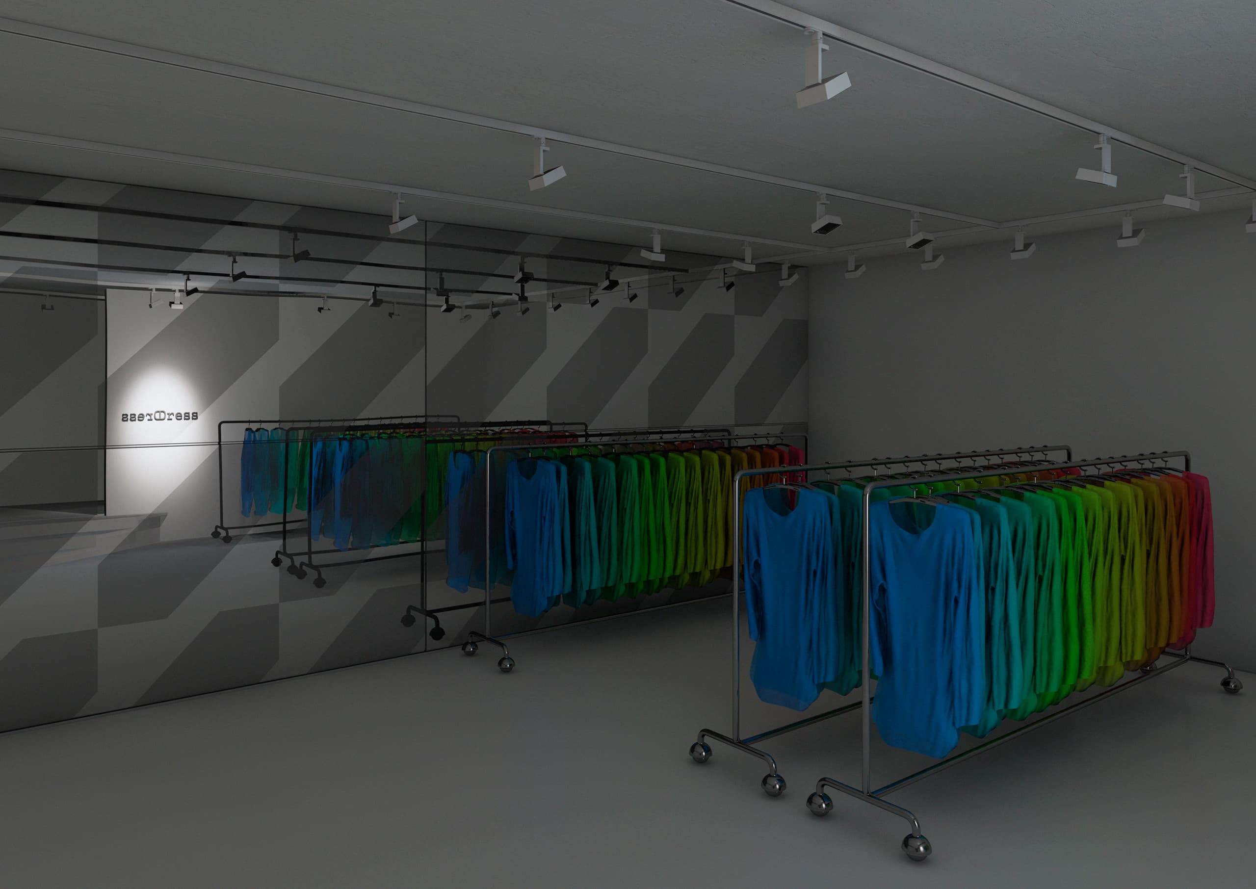 Beleuchteter Mode Store mit Kleiderständern und ERCO Licht für Produktpräsentation.