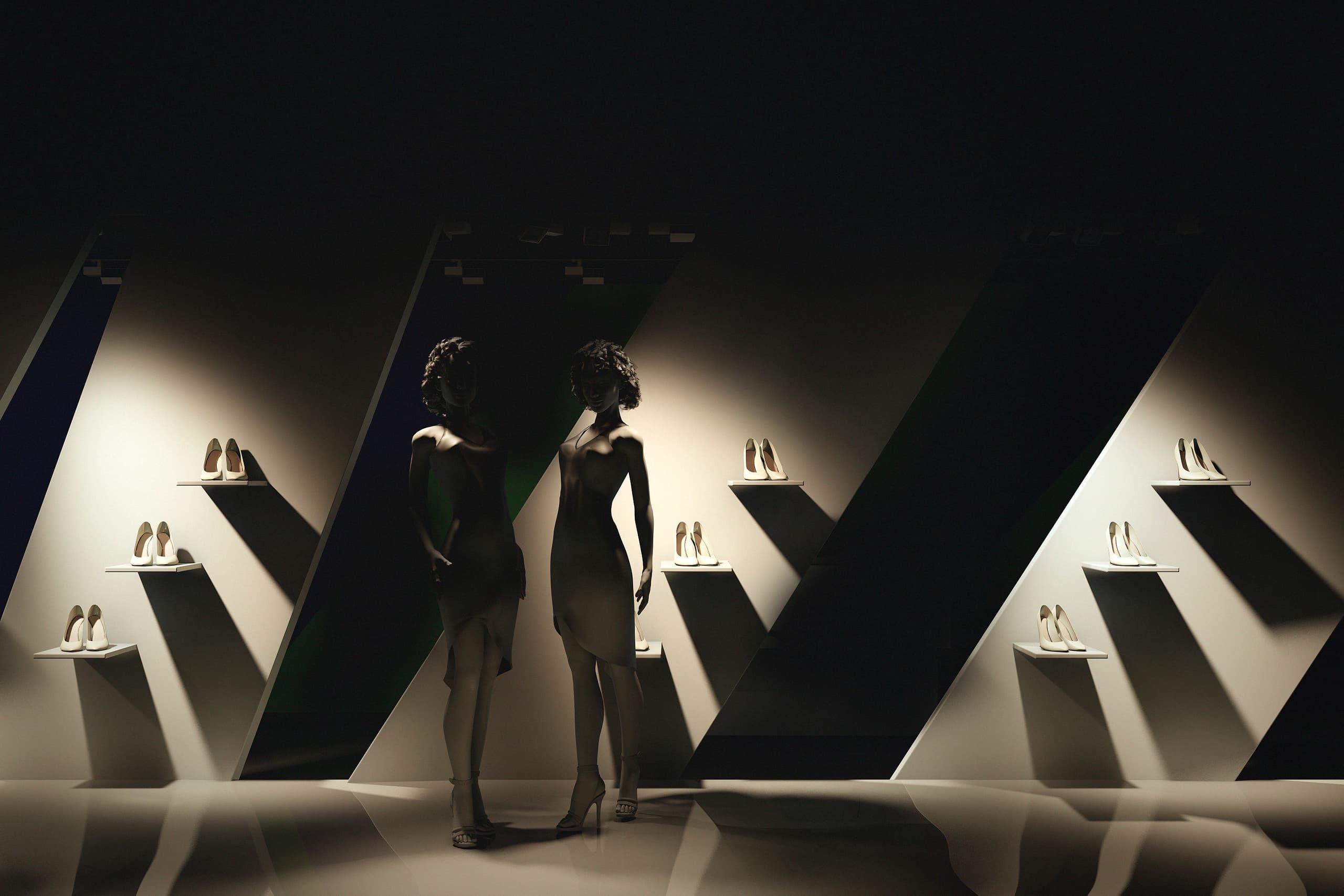 Schaufenster-Inszenierung mit ERCO Licht: Lichtakzente auf Mannequins und Waren präsentieren Schuhe im Verkaufsraum.