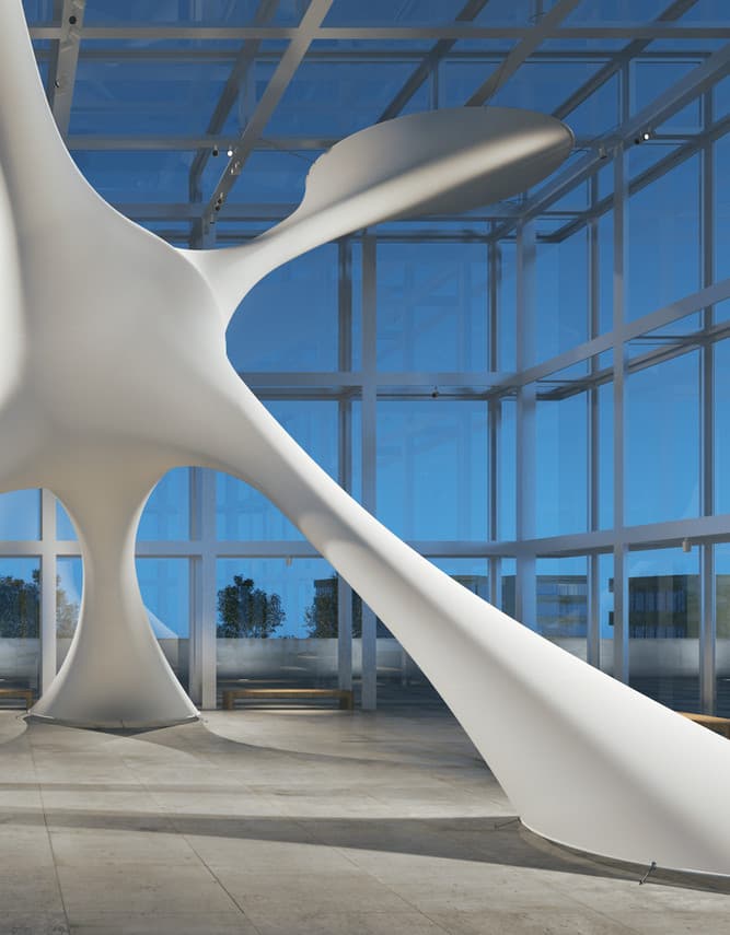 Abstrakte weiße Skulptur in einem modernen Gebäude mit Glasfassade, beleuchtet mit ERCO Licht.