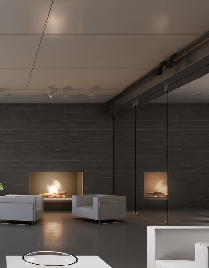 ERCO Lichtdesign: Wohnraum mit Kamin und Akzentbeleuchtung für eine gemütliche Atmosphäre.