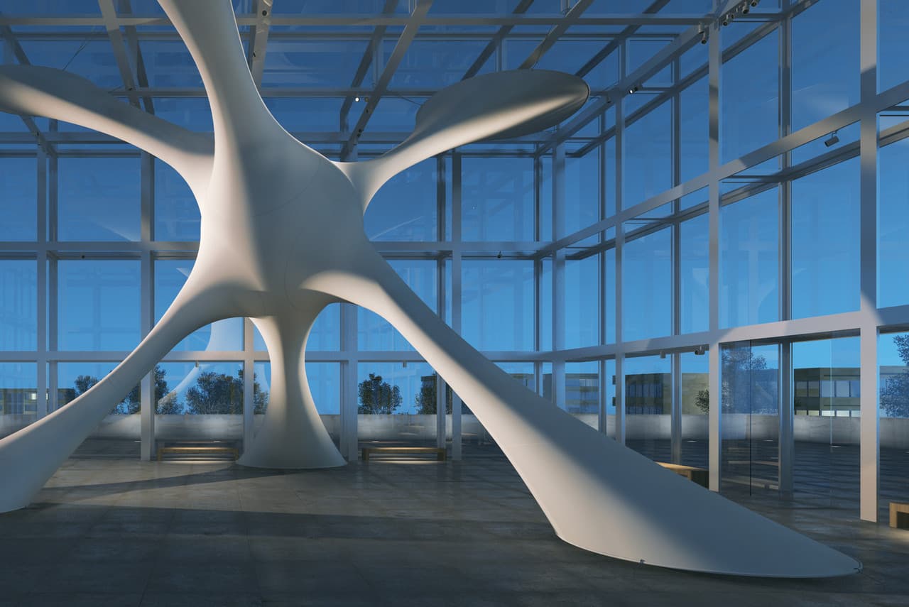 Organische Skulptur in einem Raum mit Glaswänden, beleuchtet mit ERCO Licht.