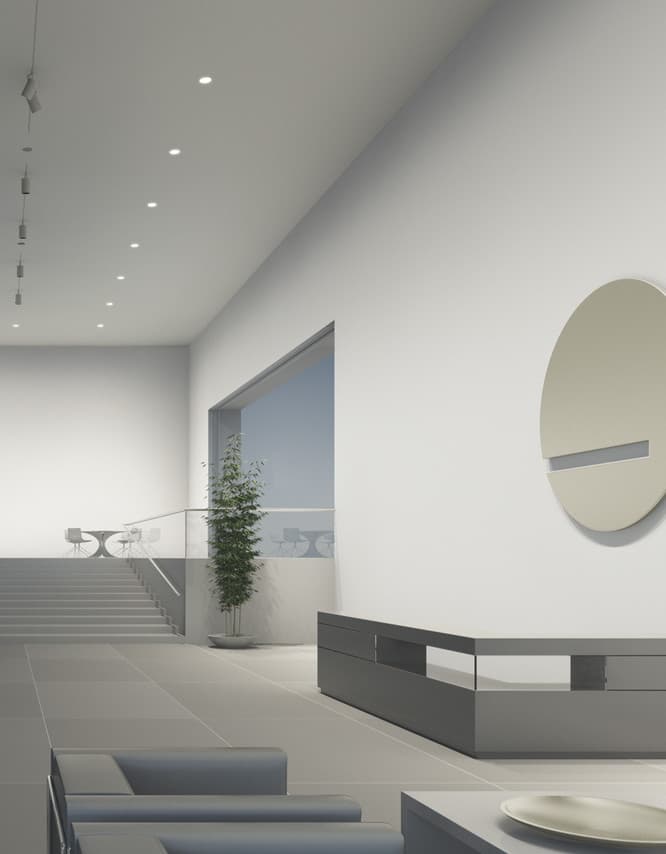 ERCO Lichtdesign: Vertikale Wandflutung und horizontale Beleuchtung für ausgewogene Raumwirkung.