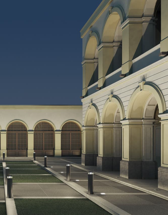ERCO Lichtdesign: Fassade mit Bogenstruktur und Bodenleuchten für räumliche Lichtmuster.