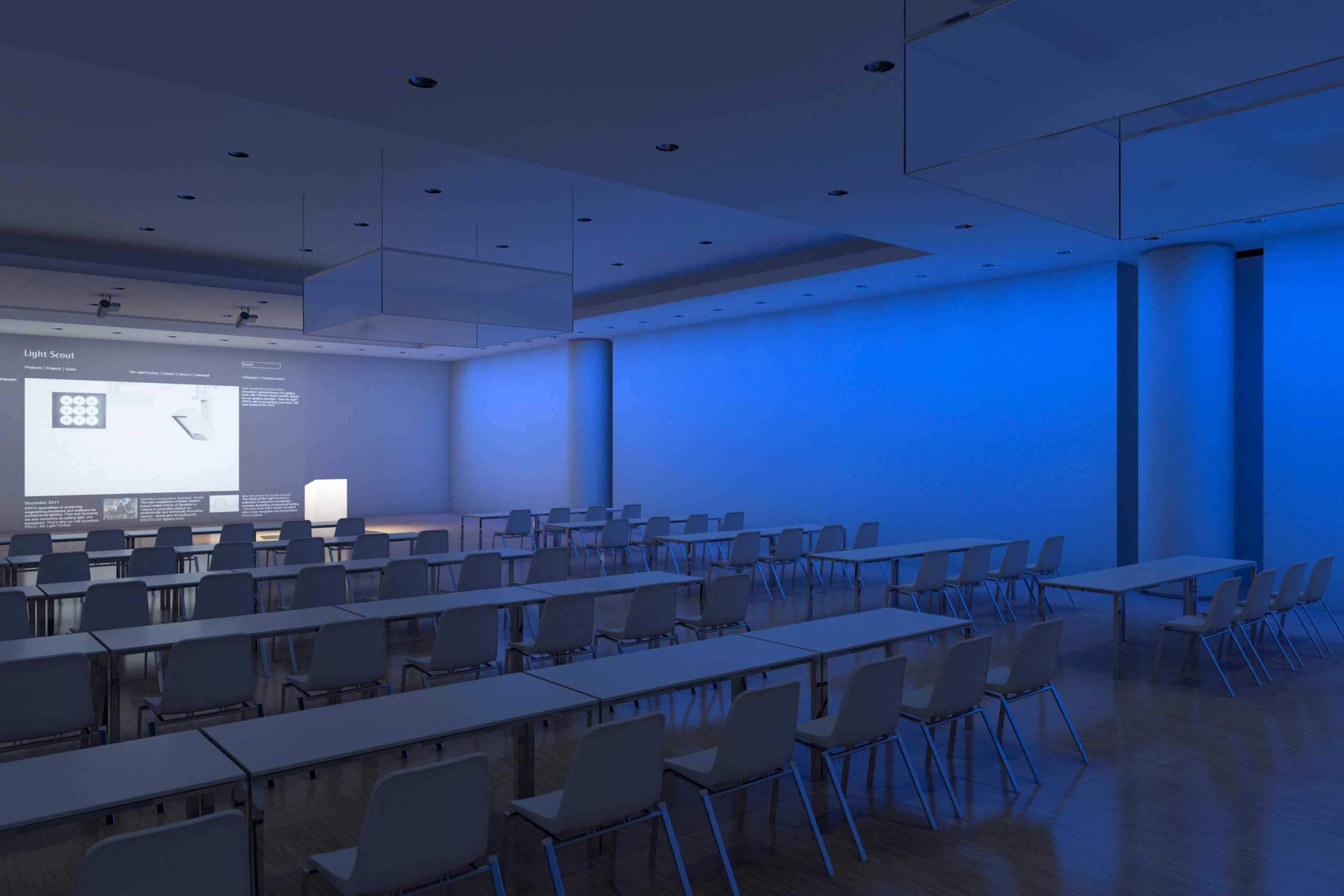 Multifunktionaler Seminarraum mit ERCO Downlights und Wallwashern für flexible Lichtszenen.