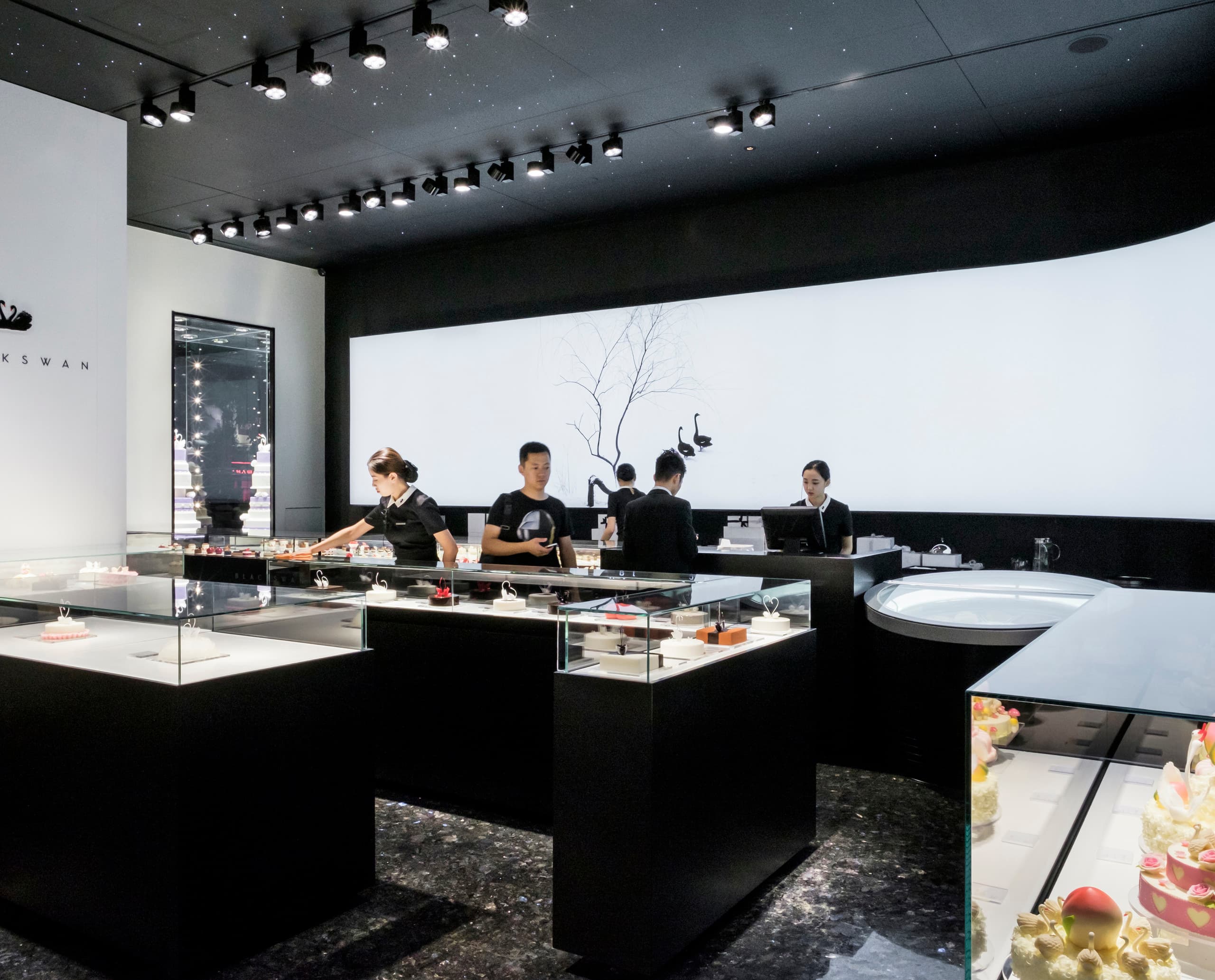 Black Swan Juweliergeschäft mit Deckenleuchten und Glasvitrinen für eine elegante Warenpräsentation.