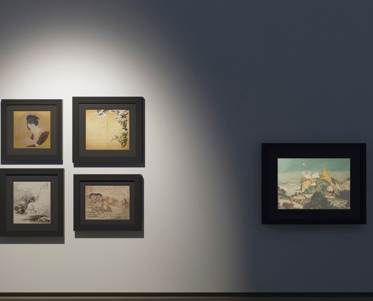 ERCO Konturstrahler beleuchten Kunstwerke in einer Galerie, wodurch eine magische Lichtwirkung entsteht.