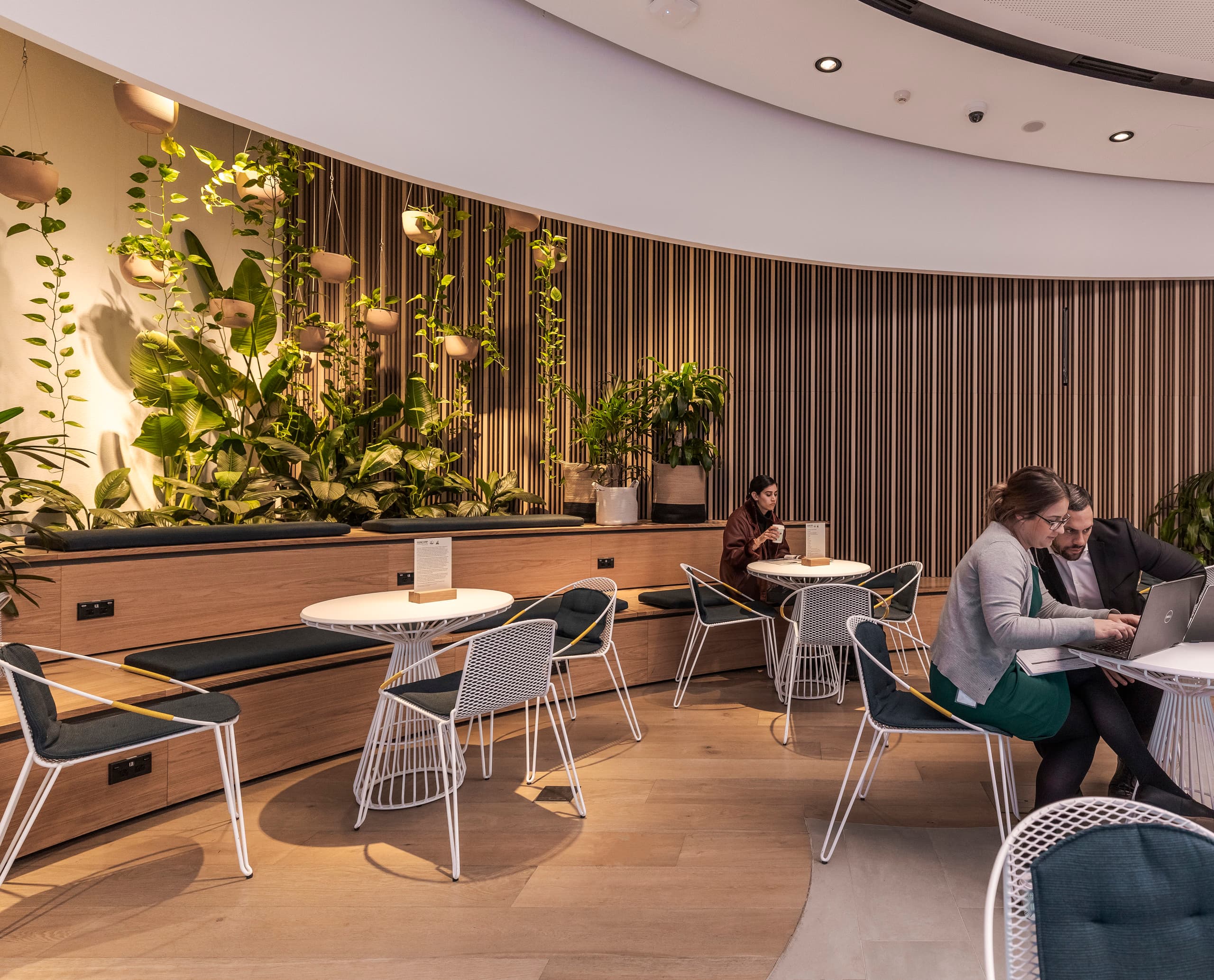 Büro-Lounge mit Grünwandbeleuchtung von ERCO für gesundes Pflanzenwachstum und angenehme Atmosphäre.