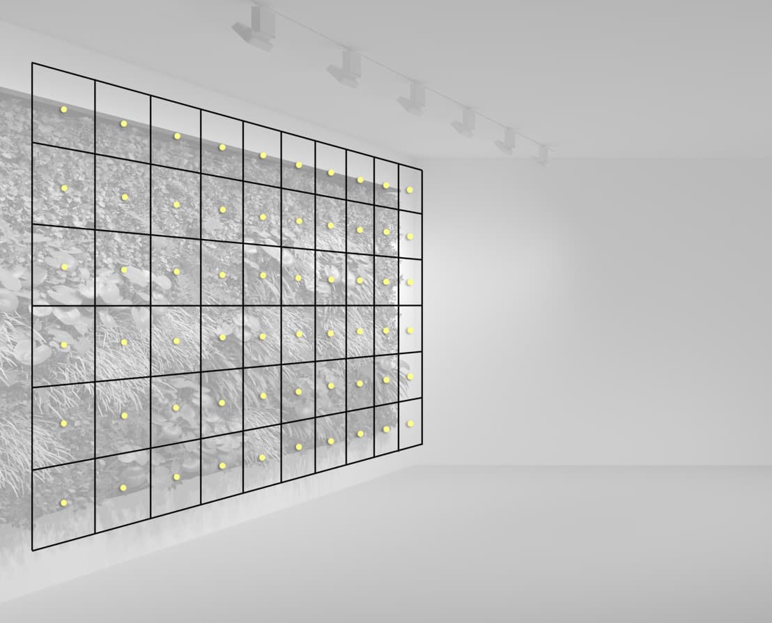 Schematische Darstellung einer beleuchteten, vertikalen Grünwand mit ERCO Lichttechnik.