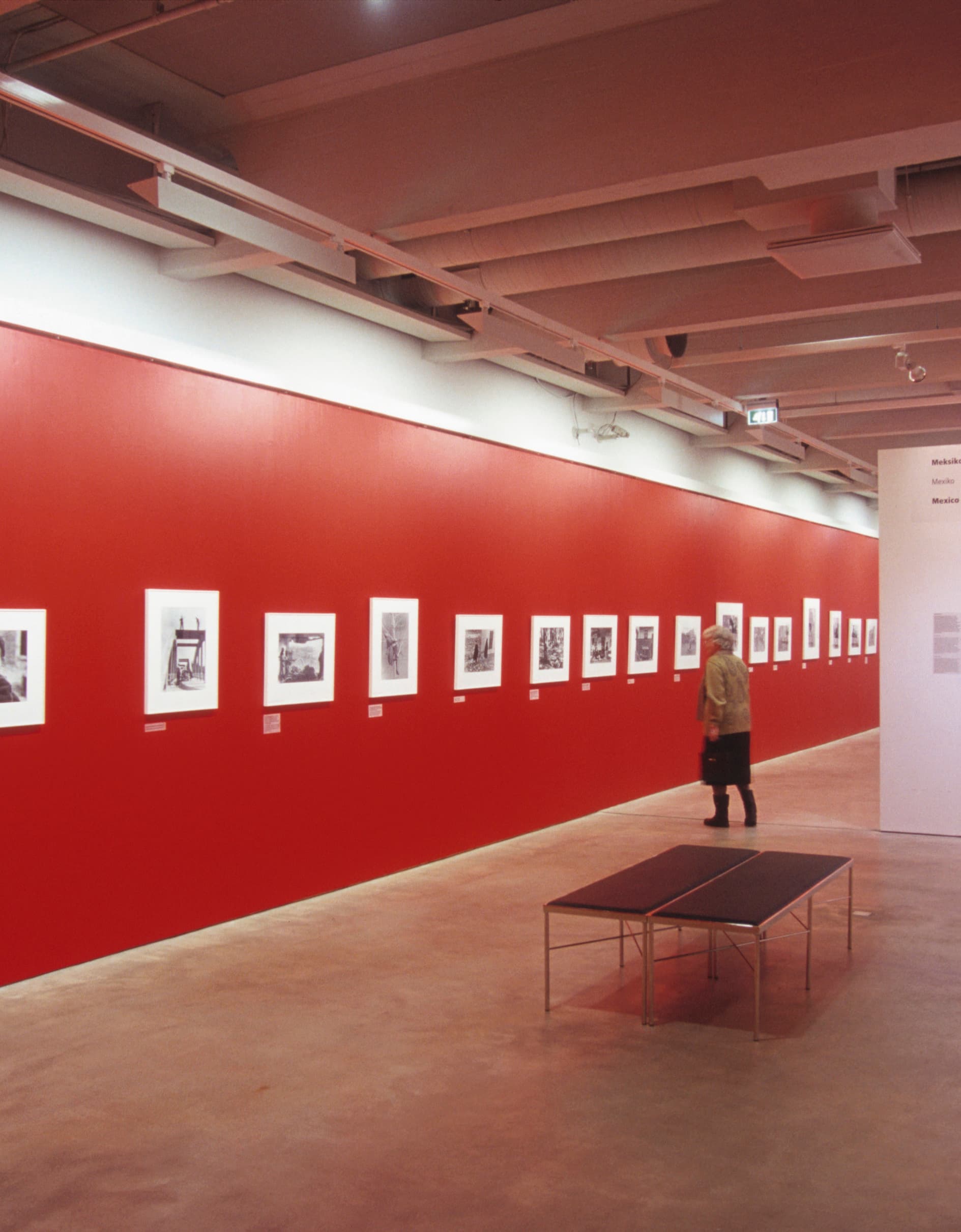 Ausstellung mit roter Wandfarbe, die die Körperfarbe der Kunstwerke beeinflusst.