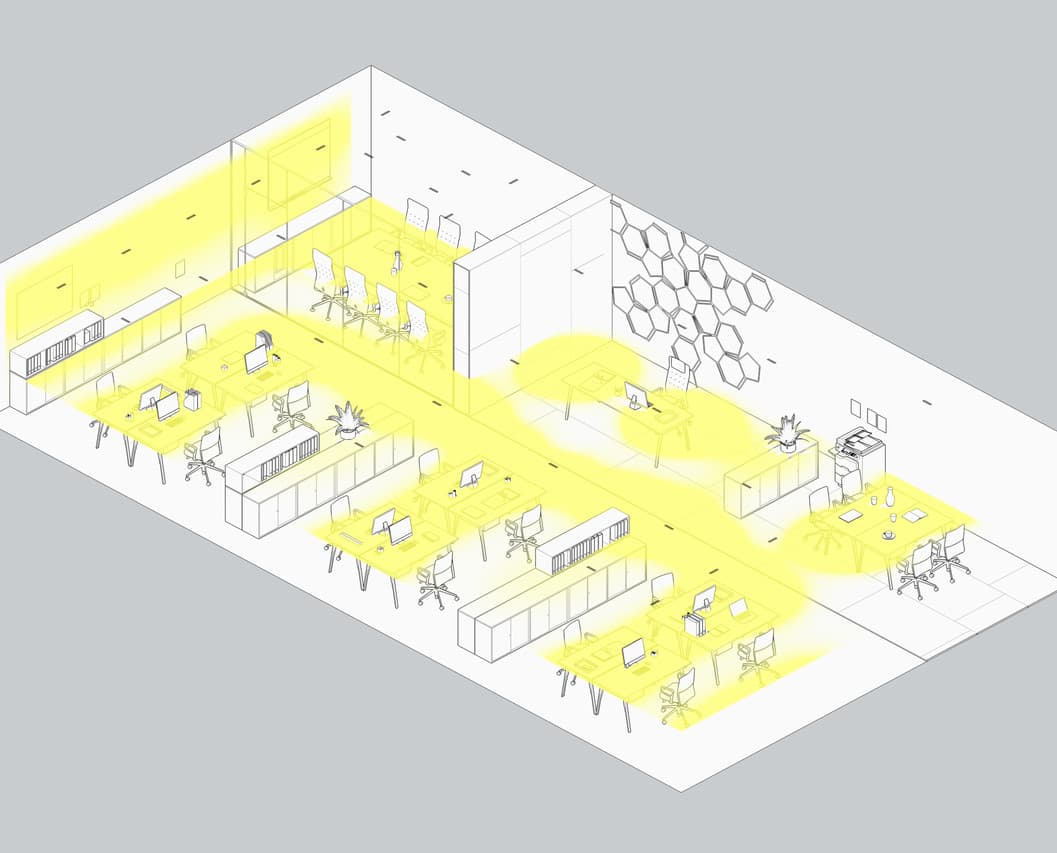 ERCO Bürobeleuchtung: Effiziente visuelle Komfort-Lichtplanung für konzentriertes Arbeiten.