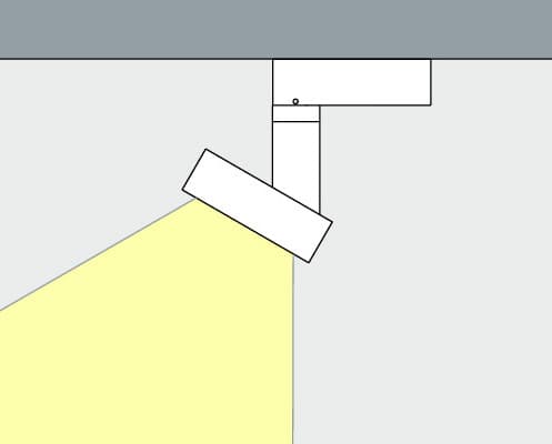 Skizze eines Deckenspots, der Licht auf eine Wand wirft, für Akzentbeleuchtung im Einzelhandel.