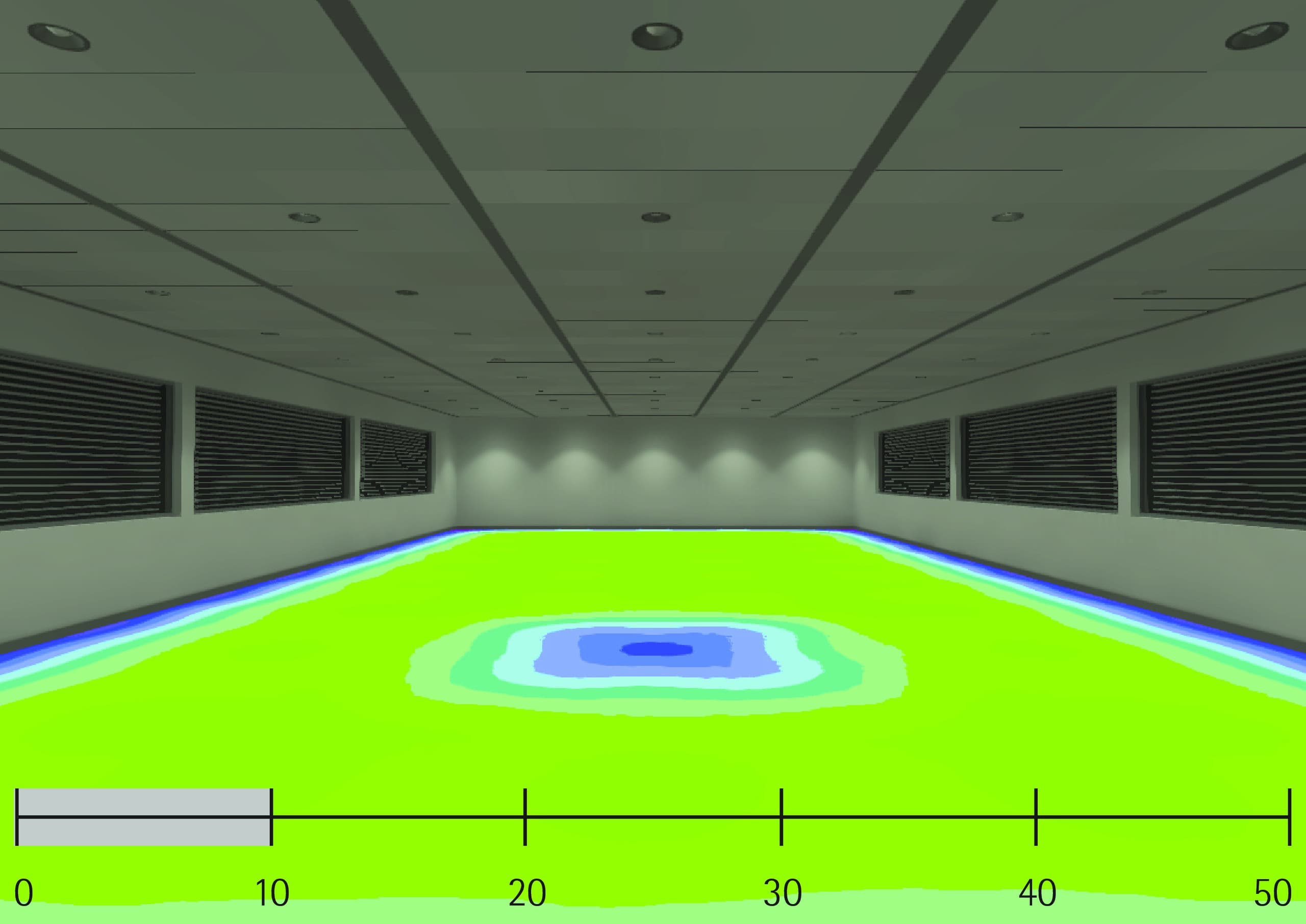Falschfarbenbild der Beleuchtungsstärke mit ERCO LEDs, das die Lichtverteilung im Raum visualisiert.