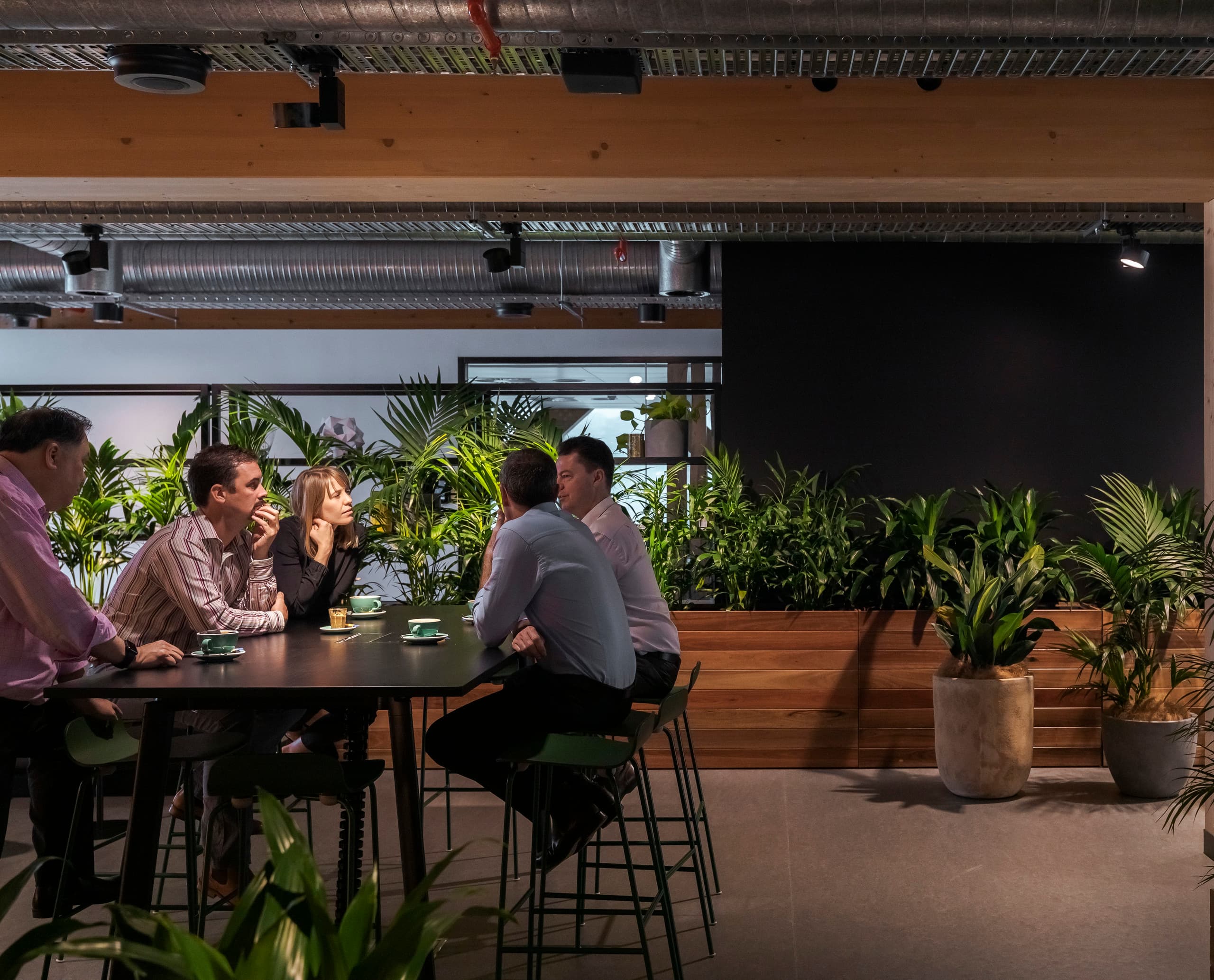 ERCO LED-Beleuchtung im Timber Building: Besprechung in offener Büroumgebung mit Pflanzen.
