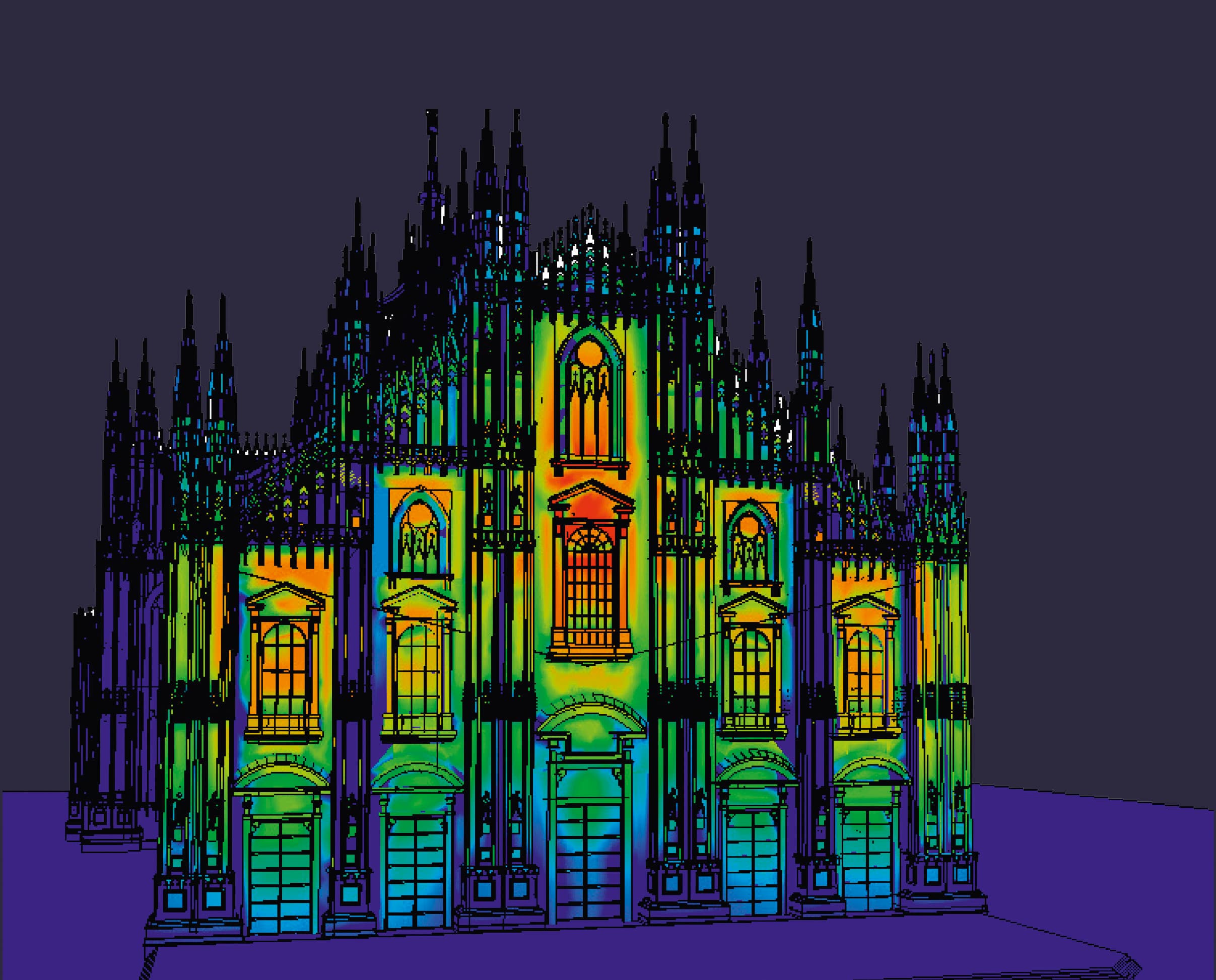 Lichtsimulation des Mailänder Doms zur Fassadenbeleuchtung mit ERCO Lichtprojektoren.
