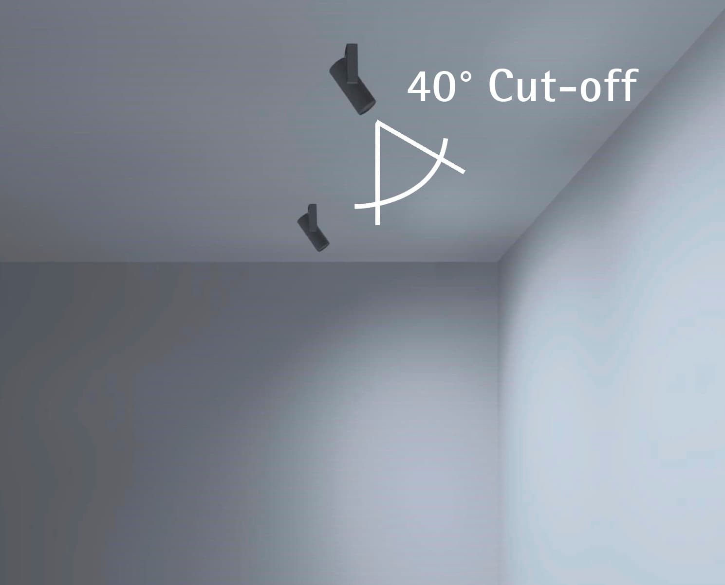 ERCO Strahler mit 40° Cut-off für blendfreie Wandflutung in Innenräumen.