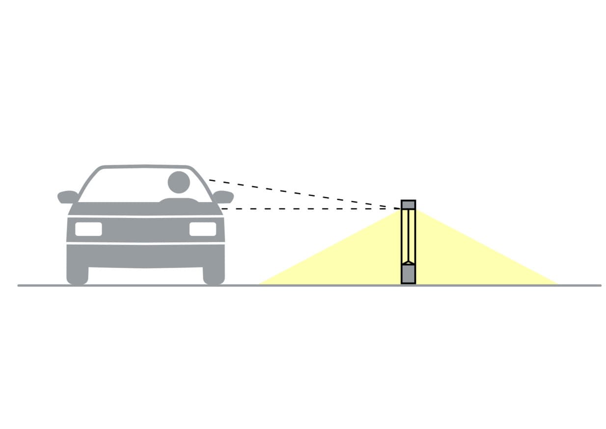 Illustration einer ERCO Wegeleuchte, die einen Weg neben einem parkenden Auto beleuchtet.