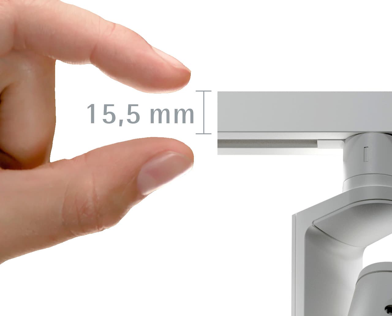 Detailaufnahme der Minirail 48V-Schiene von ERCO, die ihre geringe Größe von 15,5 mm hervorhebt.