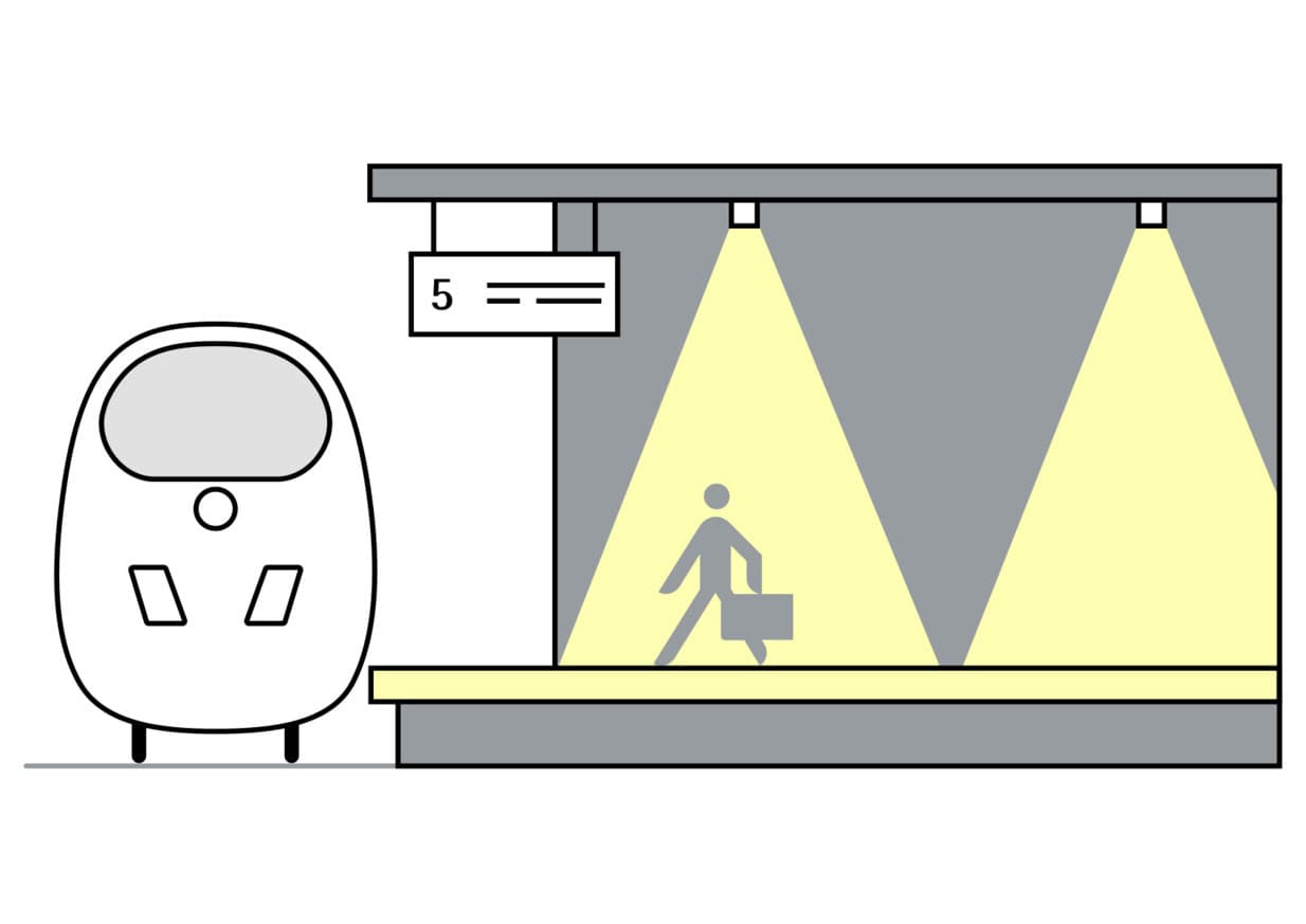 Illustration einer Bahnstation mit ERCO LED-Beleuchtung für sichere Wegeführung.
