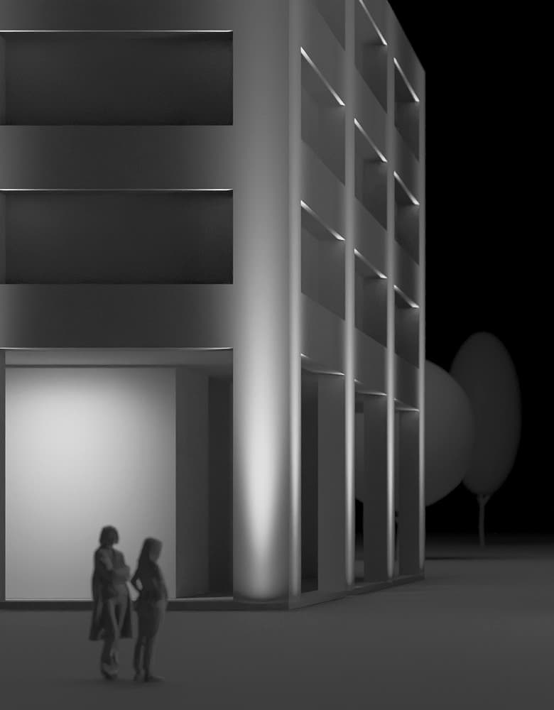 Fassadenbeleuchtung eines modernen Gebäudes mit ERCO Lichttechnik für eine effektvolle Darstellung im urbanen Raum.