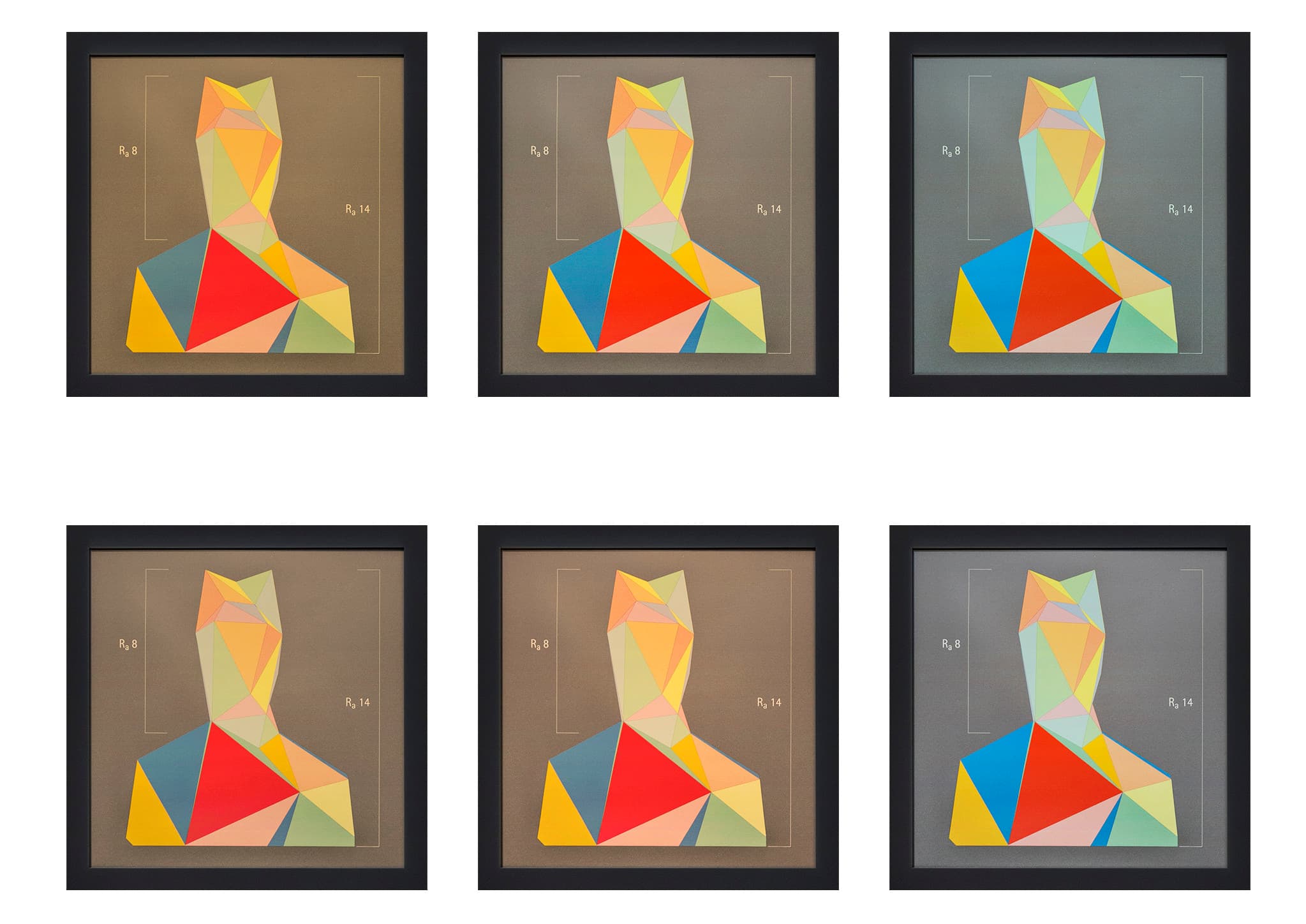 Sechs gerahmte, geometrische Kunstwerke, beleuchtet mit ERCO Konturstrahlern in einer Galerie.