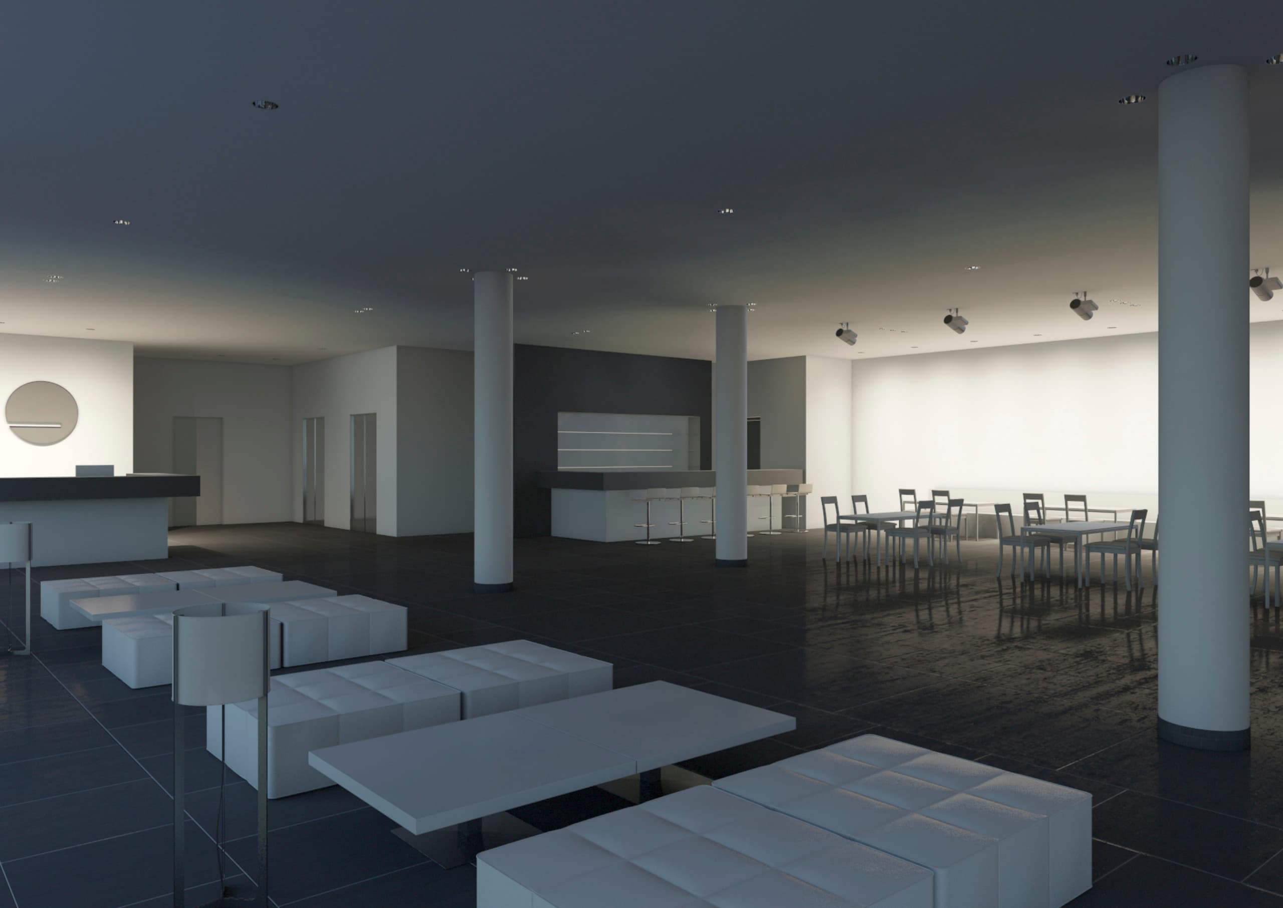Hotel-Lobby mit ERCO Lichtlösungen: Wandfluter, Richtstrahler und dekorative Lichteffekte schaffen Atmosphäre und Orientierung.