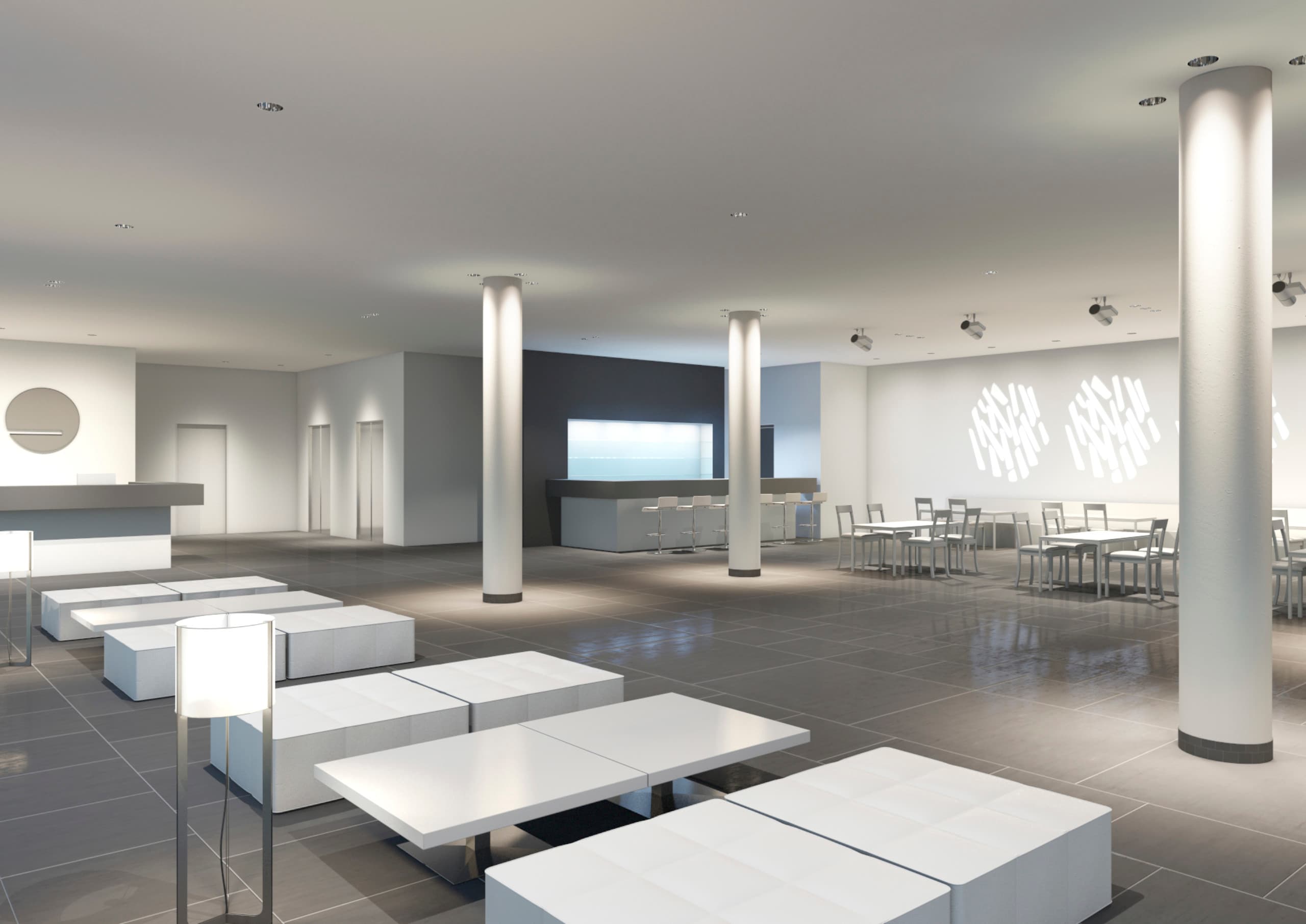 ERCO Lichtlösung in einer Hotellobby: Wandfluter und Richtstrahler betonen Zonen wie Rezeption und Bar.