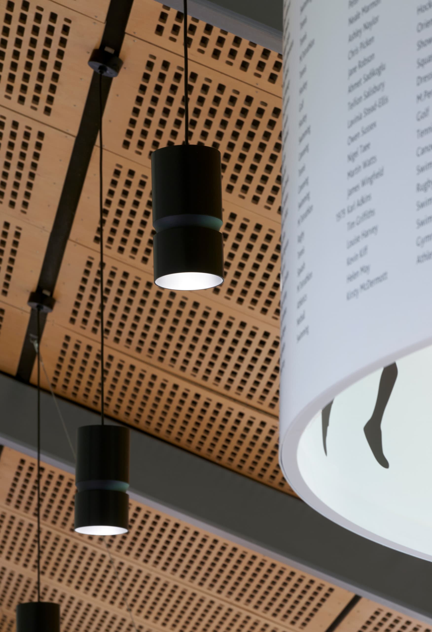 ERCO Atrium Pendelleuchten in der Millfield School für energieeffiziente Beleuchtung.