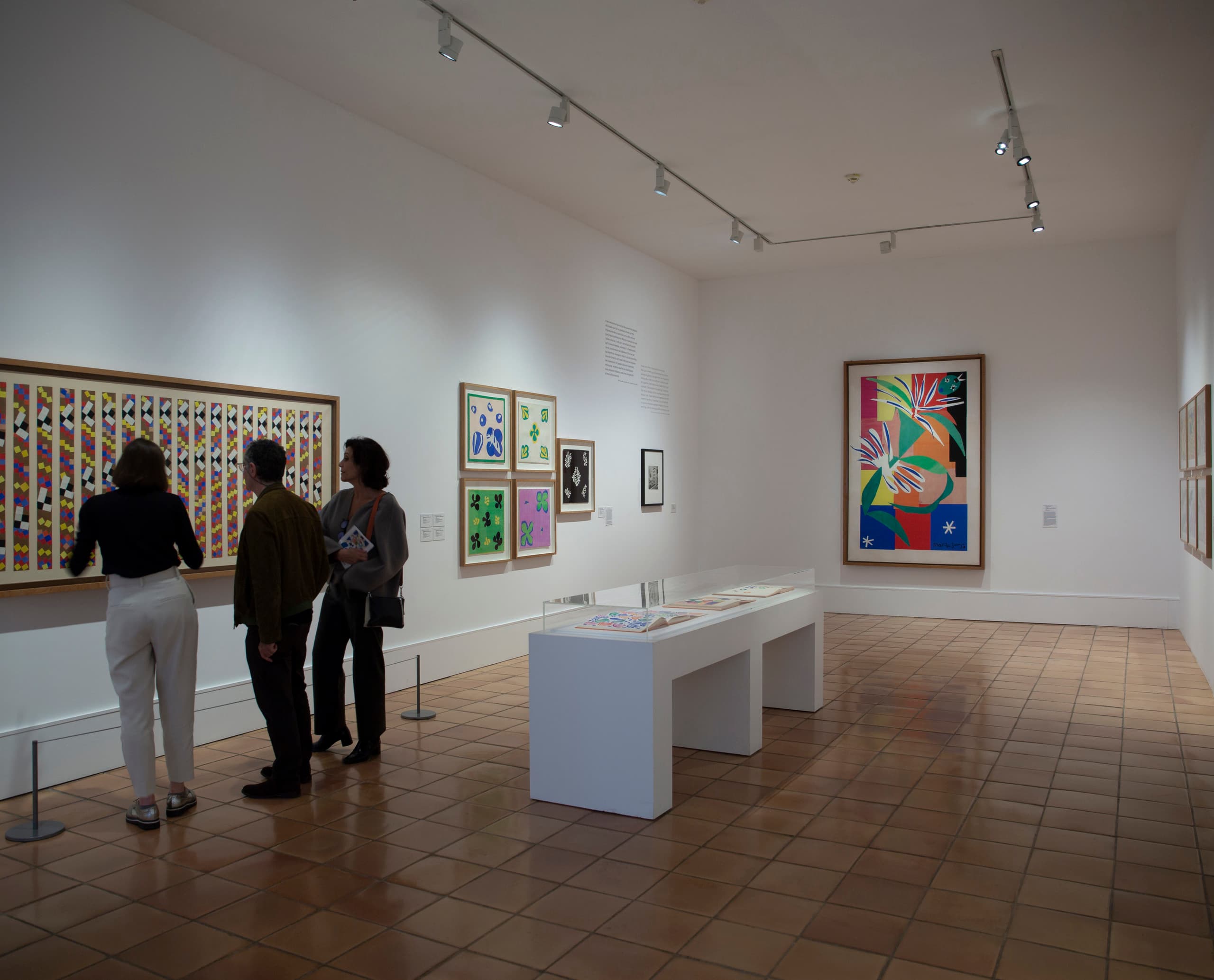 Besucher betrachten Matisse-Kunst im Matisse Museum, beleuchtet mit ERCO LED-Leuchten.