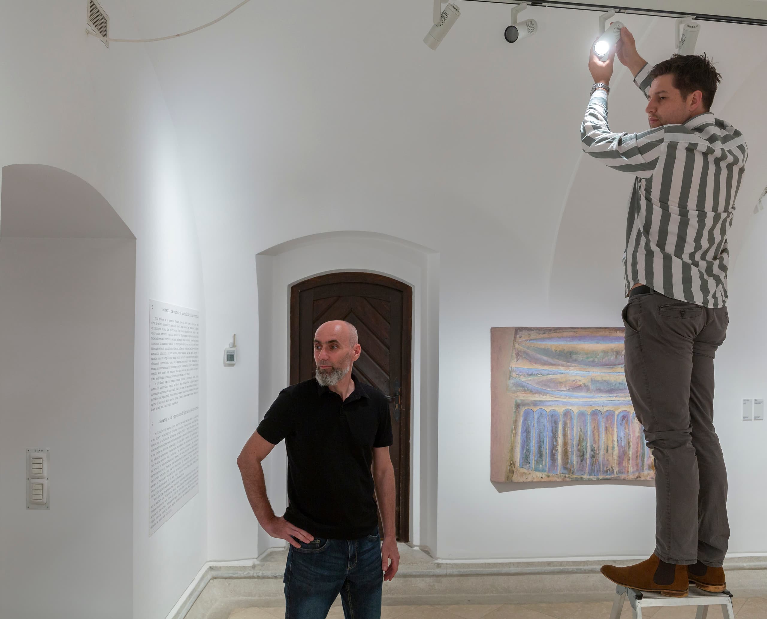 ERCO Eclipse Strahler werden im Kunstmuseum Timisoara für flexible Ausstellungsbeleuchtung justiert.