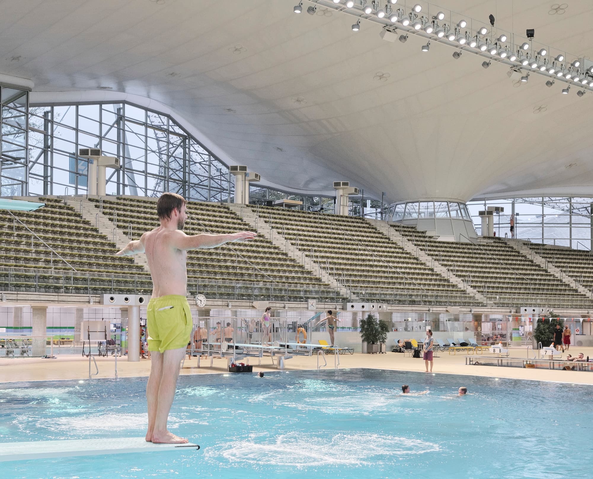 LED-Beleuchtung im Aquatic Centre, Olympiapark München, für hohe Energieeffizienz und Sehkomfort.