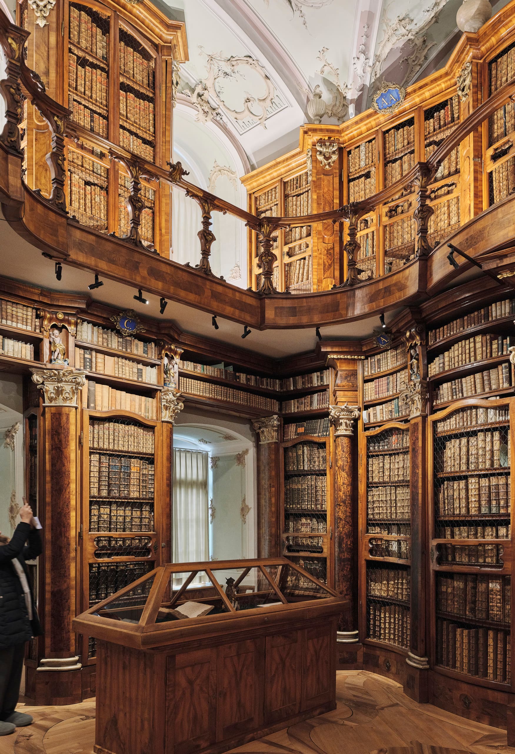 Historischer Bibliothekssaal mit hohen, kunstvoll gearbeiteten Holzregalen voller Bücher und einer Person, die die bemalte Decke fotografiert.